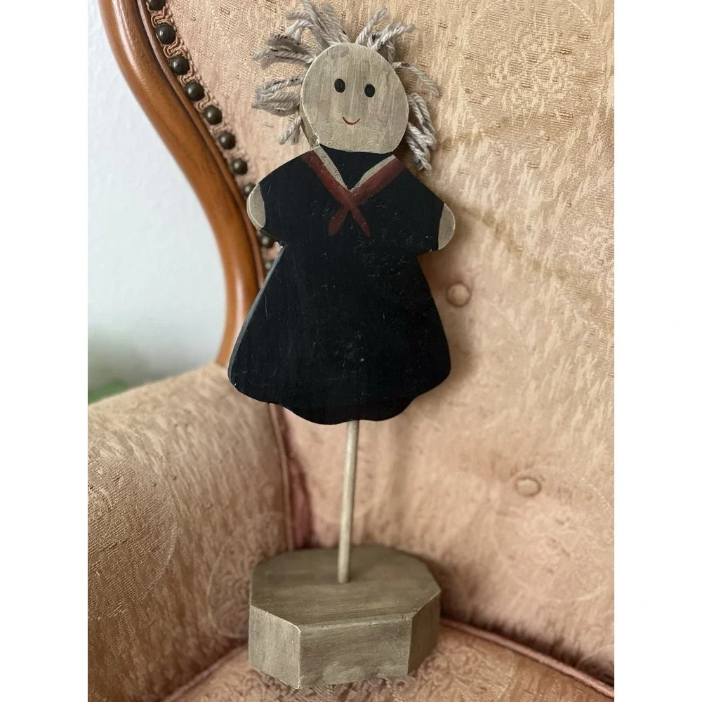 Vtg Handmade Primitive Girl‎ sailor dress wood cutout on stand decor country 14